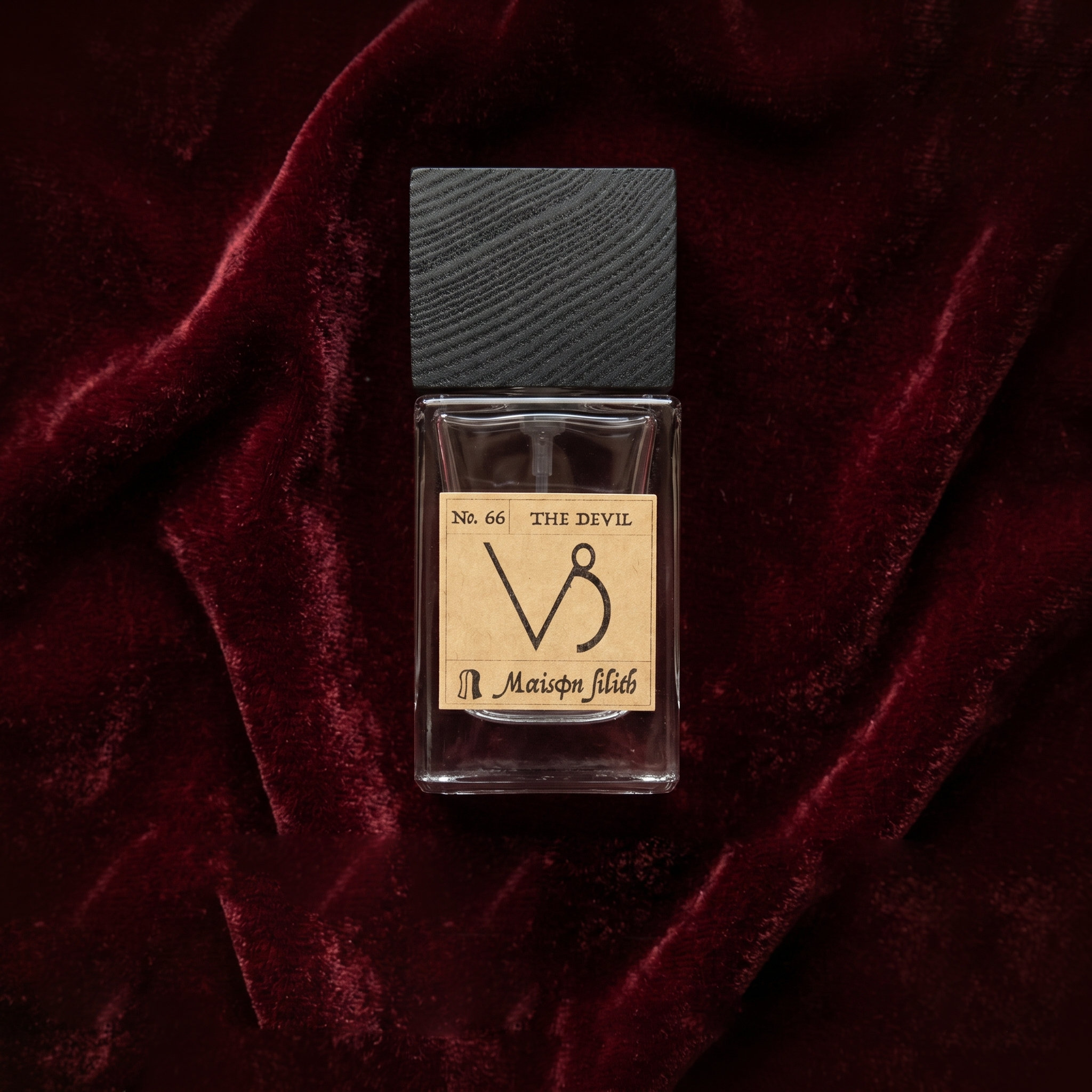 The Devil bottle on burgundy satin over black slate